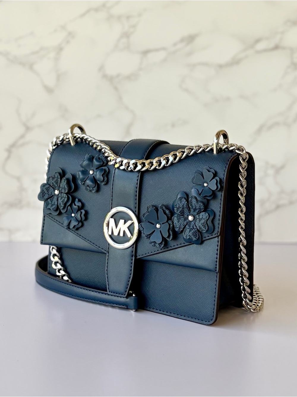 MICHAEL KORS Greenwich Small Embellished Signature Logo Trim Crossbody Bag Navy